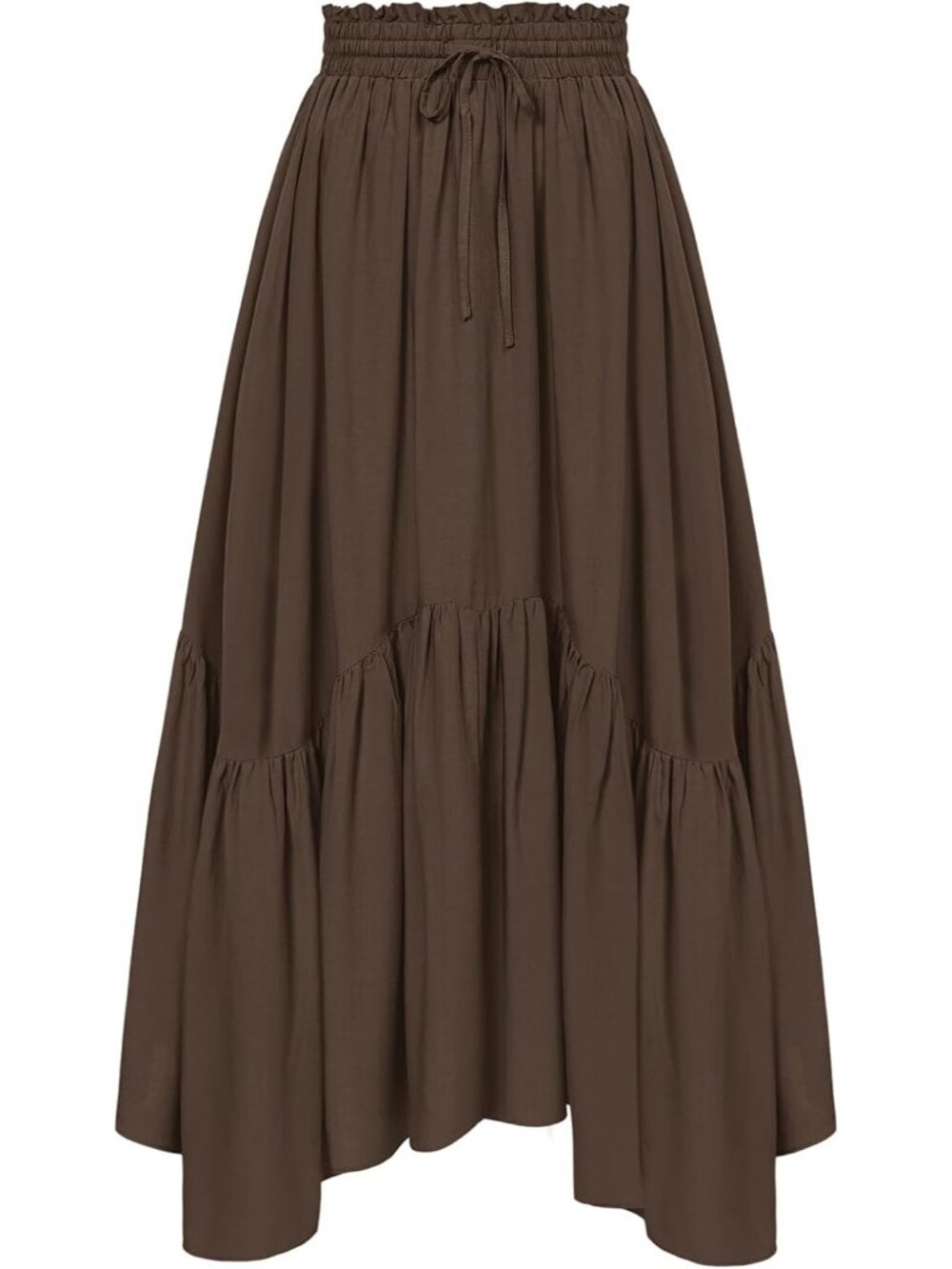 Womens Dark Brown Drawstring Renaissance Boho Flowy Asymmetric Tiered Maxi Skirt